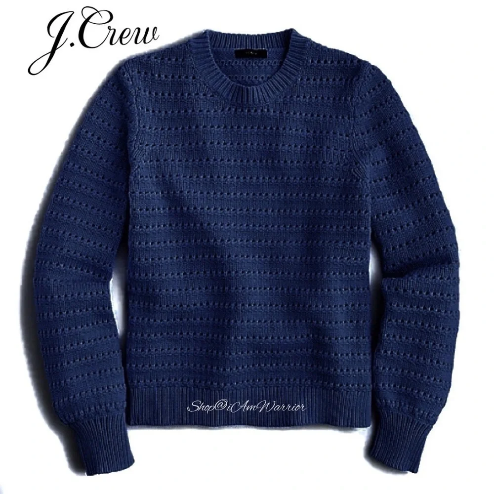 J.Crew NWT navy striped pointelle balloon sleeve cotton blend crewneck sweater